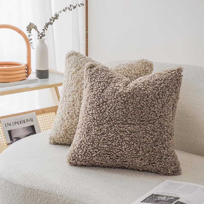 Foindtower 2 Pieces 24x24 Inch Khaki, Faux Fur Throw Pillow Cover Accent Sherpa - Image 5