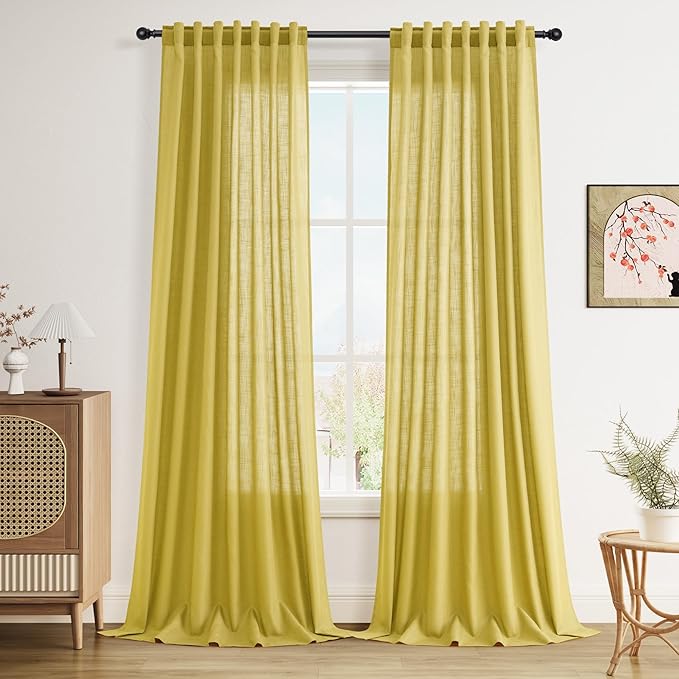 Celery Yellow Textured Linen Blend Drapes 96 Inch Long 2 Panels Set Back Tab by Nanspring