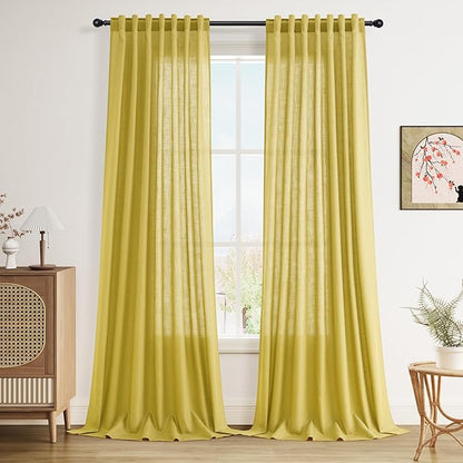 Celery Yellow Textured Linen Blend Drapes 96 Inch Long 2 Panels Set Back Tab by Nanspring