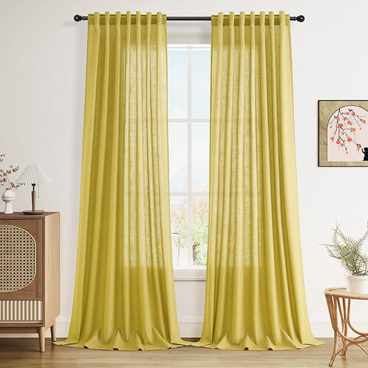 Celery Yellow Textured Linen Blend Drapes 96 Inch Long 2 Panels Set Back Tab by Nanspring