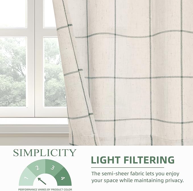 DriftAway Kitchen Curtains Striped Tier Linen Short Curtains Windowpane Plaid - Image 3