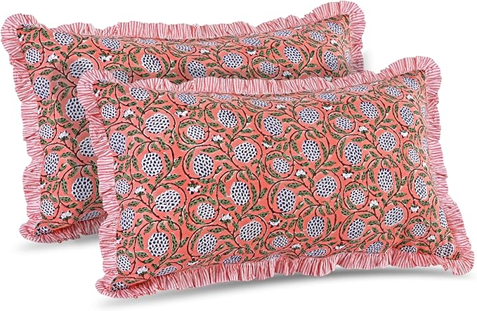 Ridhi Dark Salmon Pink 100% Cotton Block Print Ruffle Bed Sham Cover 20''×36'' by Ridhi