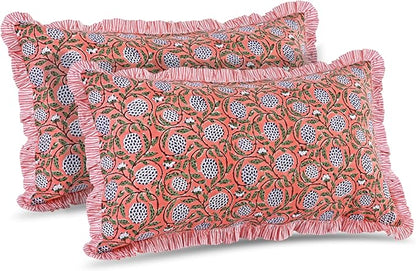Ridhi Dark Salmon Pink 100% Cotton Block Print Ruffle Bed Sham Cover 20''×36'' by Ridhi