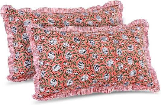 Ridhi Dark Salmon Pink 100% Cotton Block Print Ruffle Bed Sham Cover 20''×36'' by Ridhi