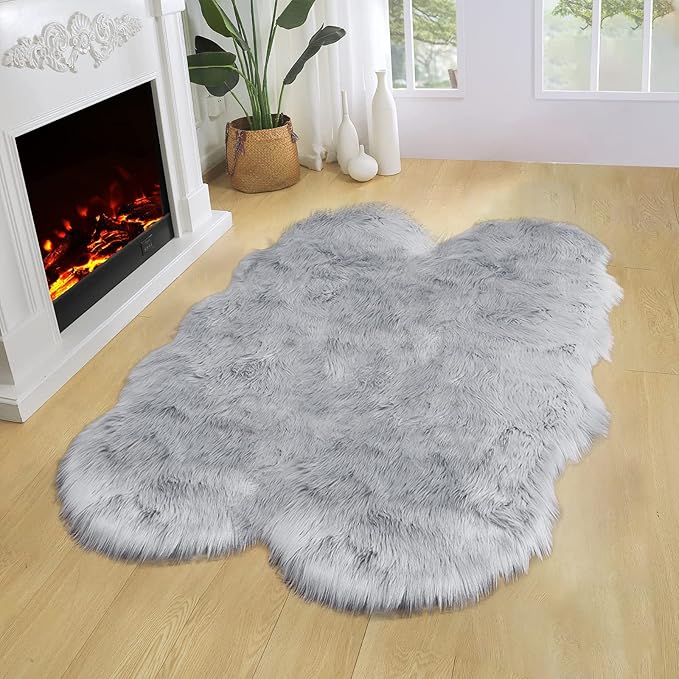 Latepis Grey Sheepskin Rug 4x6 Area Rugs Bedside Fluffy Faux Fur Rug Shag - Image 2