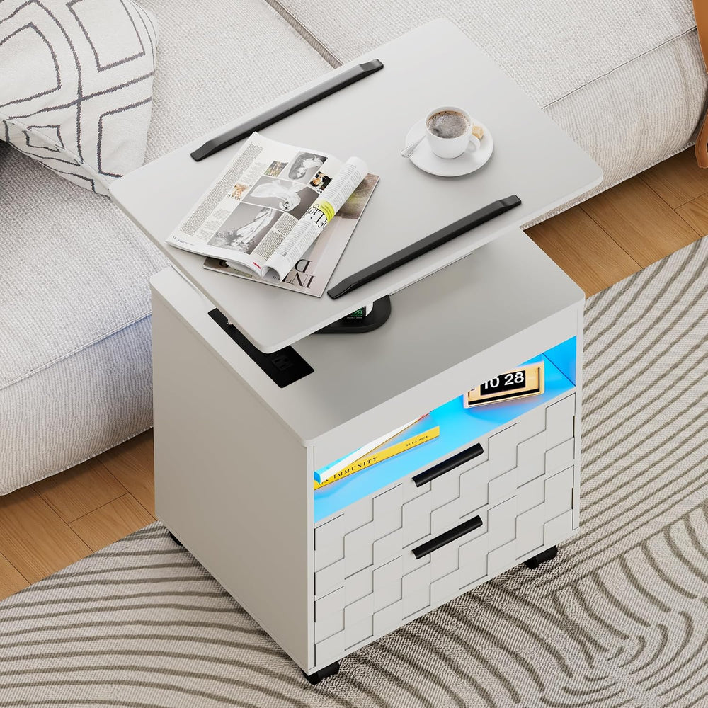 Lareth Rolling Nightstand with Wheels, LED Lights, Charging Station