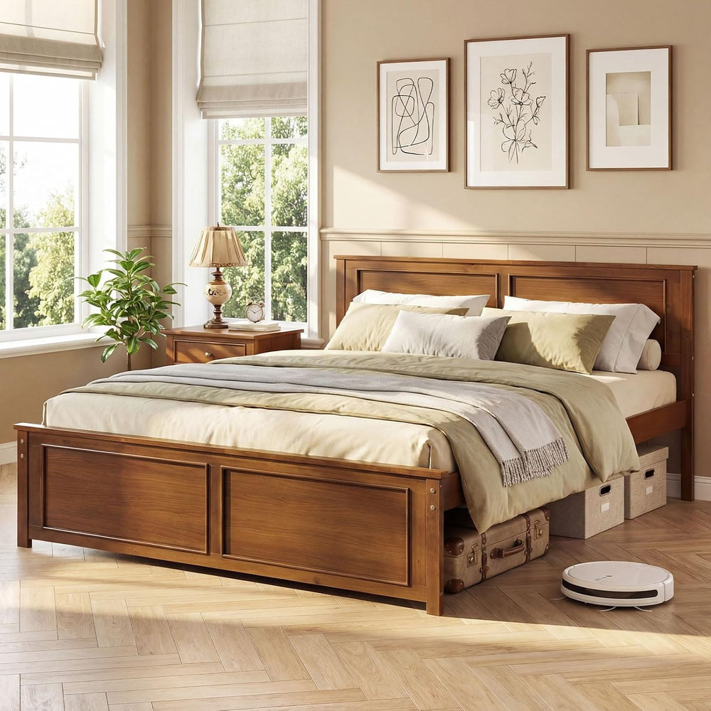 GIANTEX Wood Queen Size Bed Frame with Headboard, Farmhouse Solid Platform Be...