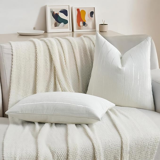 HAUSSY White Throw Pillow Covers 22x22 Inch Set of 2, Boho Embossed Striped - Image 5