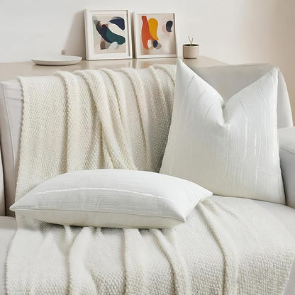 HAUSSY White Throw Pillow Covers 22x22 Inch Set of 2, Boho Embossed Striped - Image 5