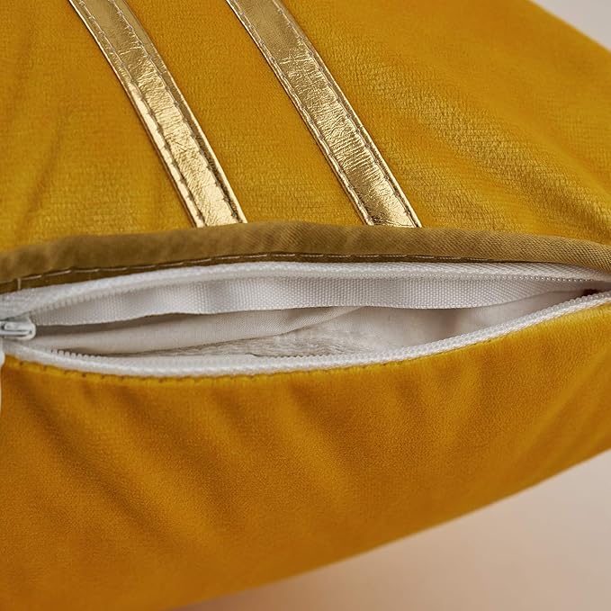 Avigers 12 x 20 Inch Yellow Gold Leather Striped Lines Velvet Cushion Case - Image 5