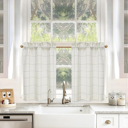 DriftAway Kitchen Curtains Striped Tier Linen Short Curtains Windowpane Plaid by DriftAway