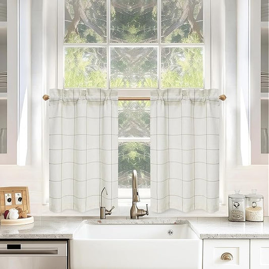 DriftAway Kitchen Curtains Striped Tier Linen Short Curtains Windowpane Plaid by DriftAway