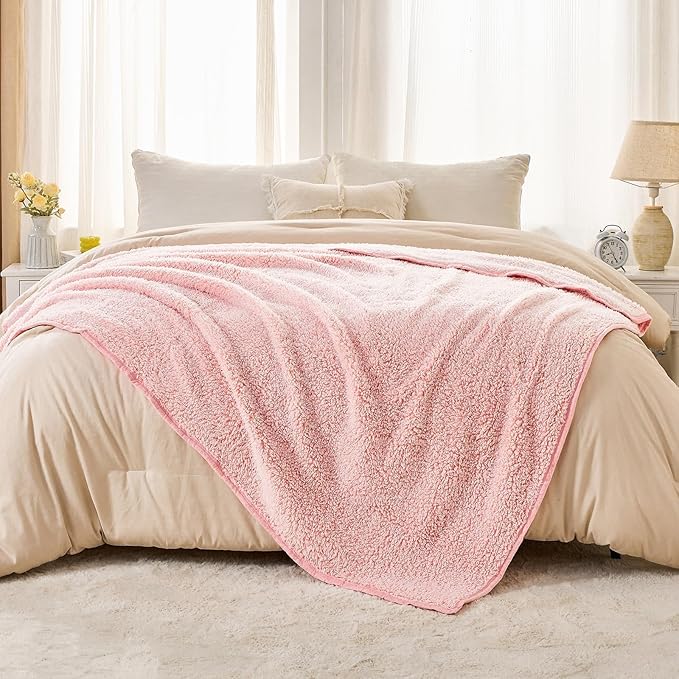 EMME Soft Sherpa Fleece Blanket Reversible Plush Fluffy Large Blanket, Light - Image 5
