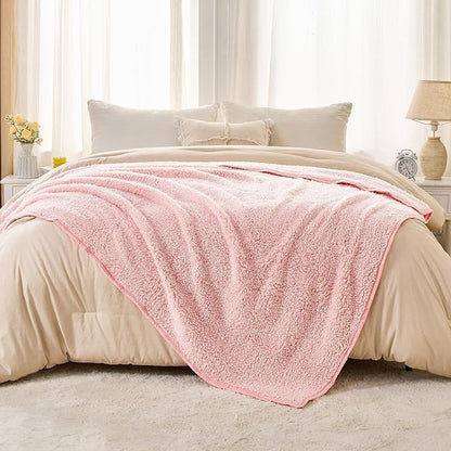 EMME Soft Sherpa Fleece Blanket Reversible Plush Fluffy Large Blanket, Light - Image 5