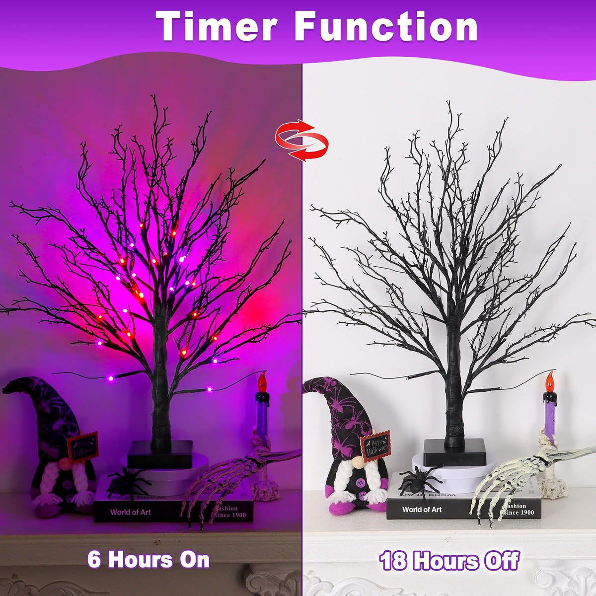 2 Pack 24 Inch Black Halloween Tree with 24 LED Orange Purple Lights, USB Battery Operated Halloween Table Decorations Tree Light with Timer, Scary Halloween Decorations Indoor for Home Party Decor