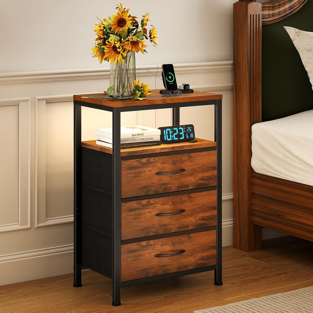 Sweetcrispy Nightstand with Charging Station 5 Fabric Drawers Bedside Table