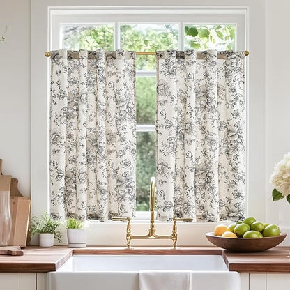 jinchan Linen Floral Tier Curtains 36 Inch Farmhouse Botanic Cafe Curtains by JINCHAN
