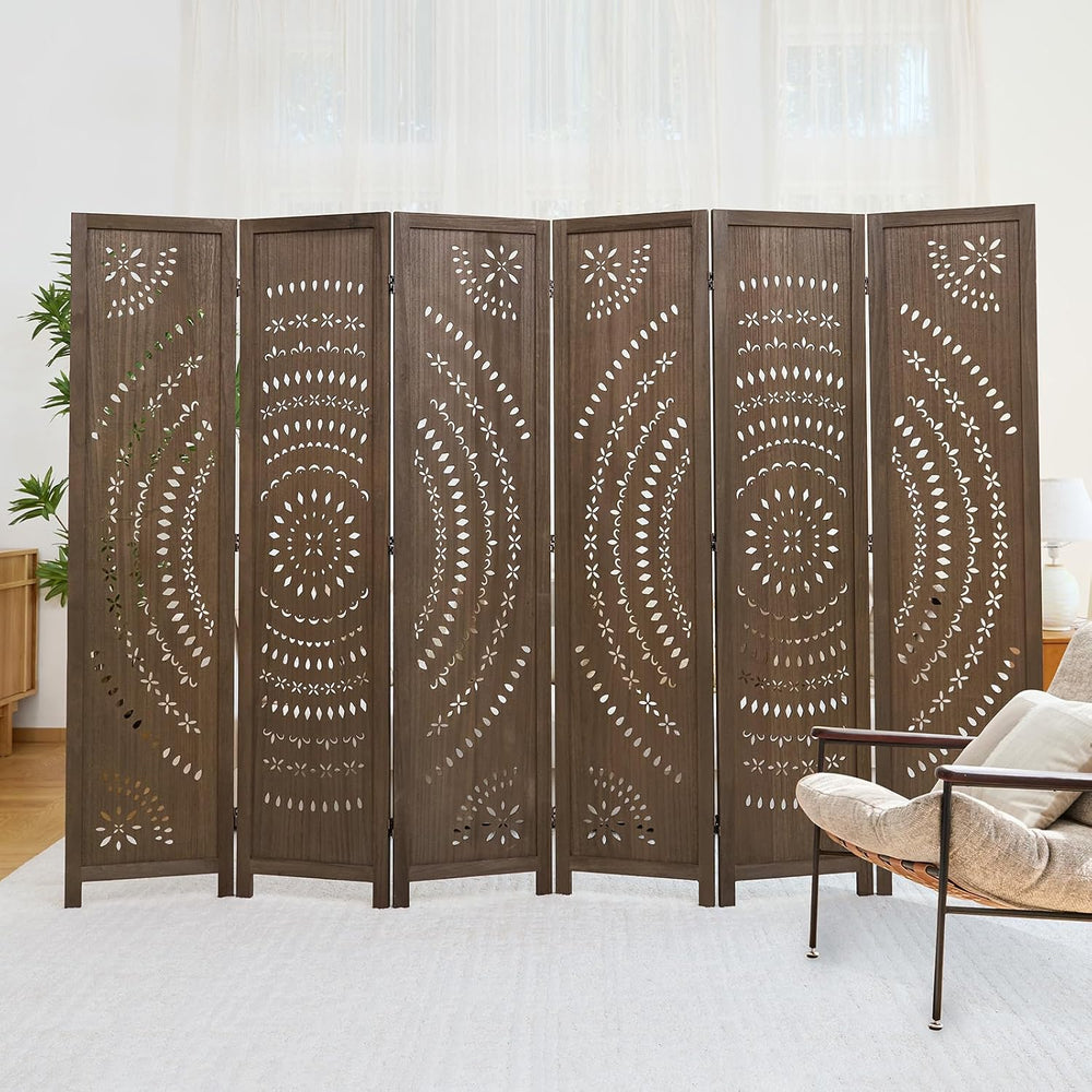 66.9Inch Folding Room Divider, 6 Panels Wood Carved Privacy Screens Free Asse...