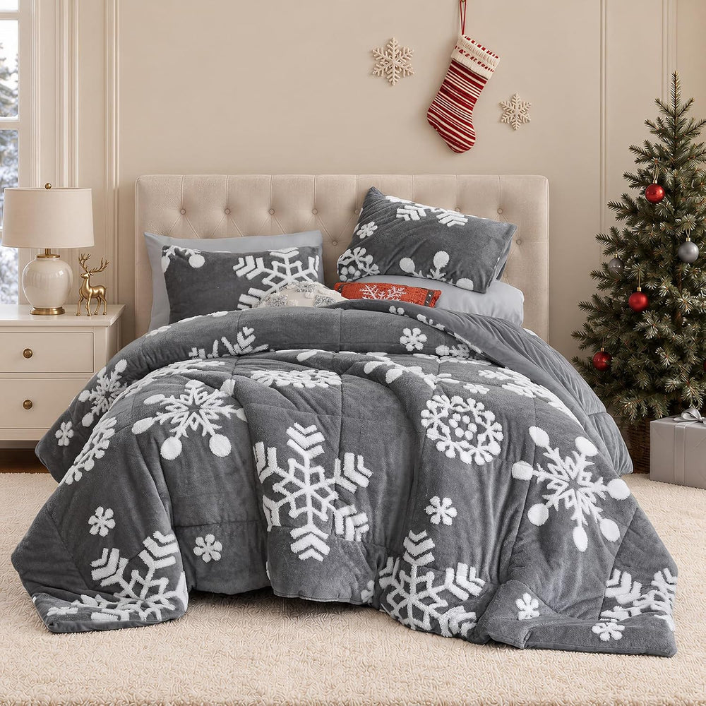 JANZAA Christmas Comforter Set Queen, Dark Grey Snowflake Christmas Bedding