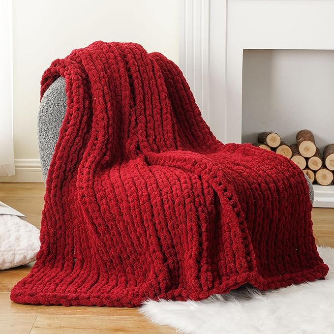 Battilo Chunky Knit Throw Blanket, Soft and Thick Red Chenille Throw Blanket - Image 3