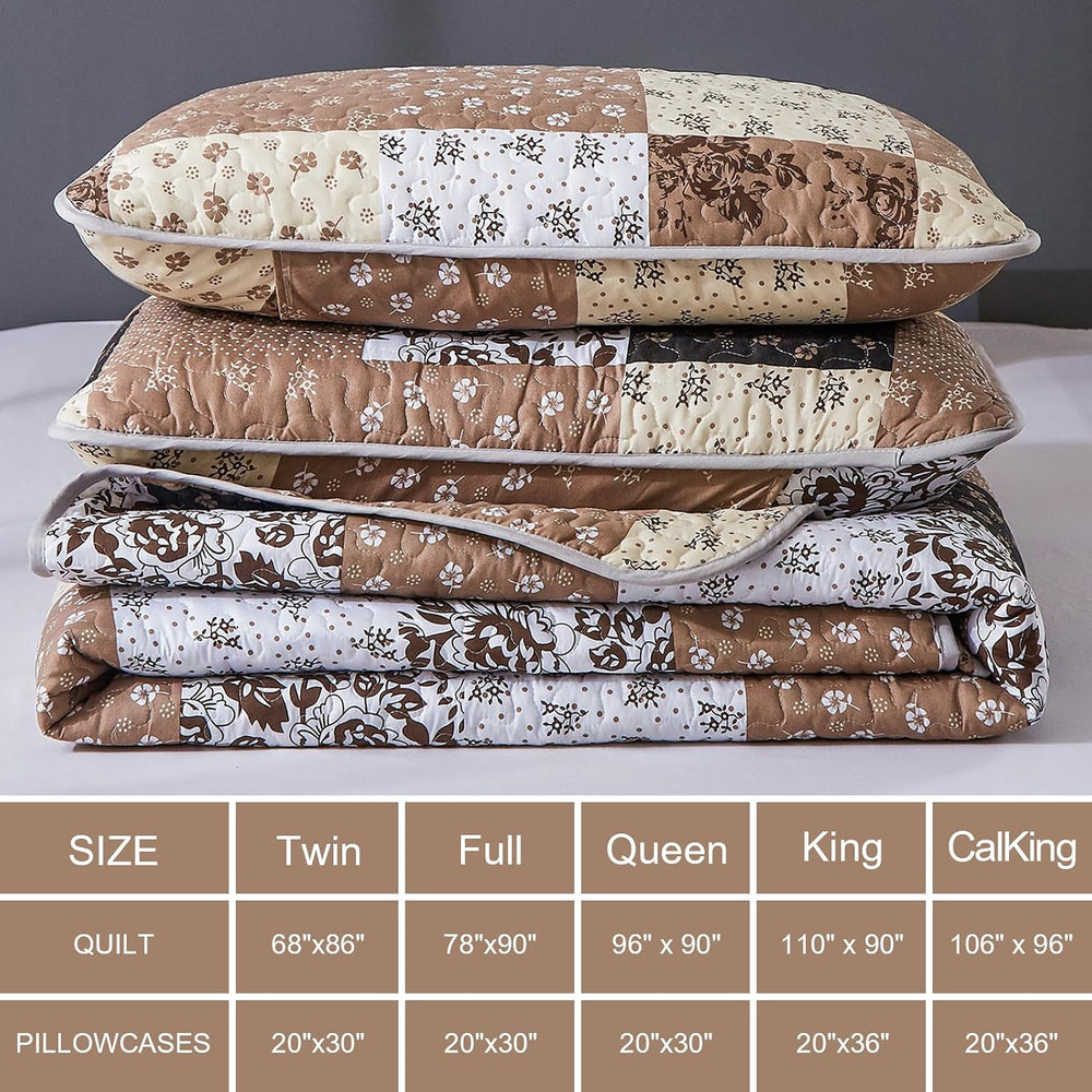 Mybedsoul Brown Quilt Set Full Size, Patchwork Floral Bedding Set