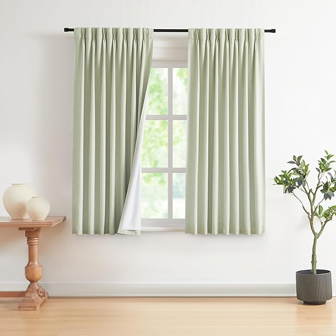 Vision Home Soft Green Pinch Pleated Full Blackout Curtains Linen Blended Room by VisionHome