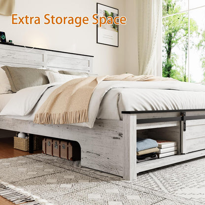 wooden full bed frame with headboard, farmhouse storage, side view
