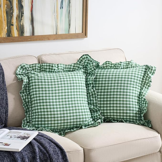 2 Pack Christmas Green White Plaid Ruffle Throw Pillow Covers, 100% Washed - Image 4