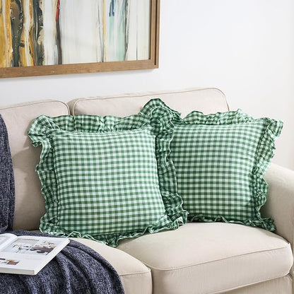 2 Pack Christmas Green White Plaid Ruffle Throw Pillow Covers, 100% Washed - Image 4