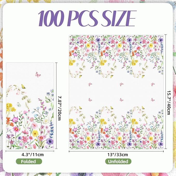100 PCS Wildflower Paper Napkins, Disposable Flower Bathroom Guest Hand Towels - Image 2