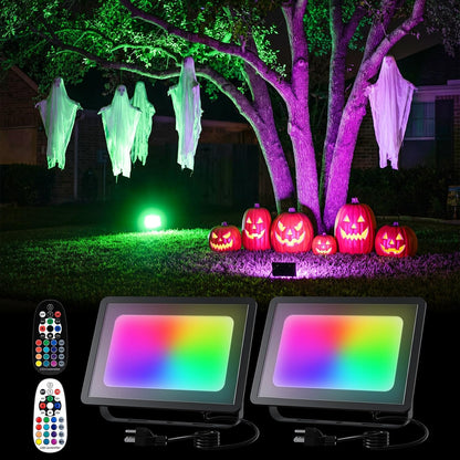 FALOVE 2 Pack Outdoor RGBW Flood Lights by Dual Remote for Halloween Decor