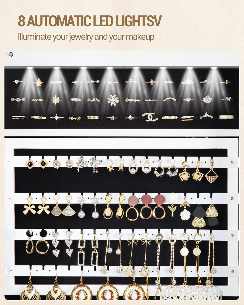 Hzuaneri 8 LEDs Jewelry Cabinet Armoire, 66.9-inch Jewelry Organizer