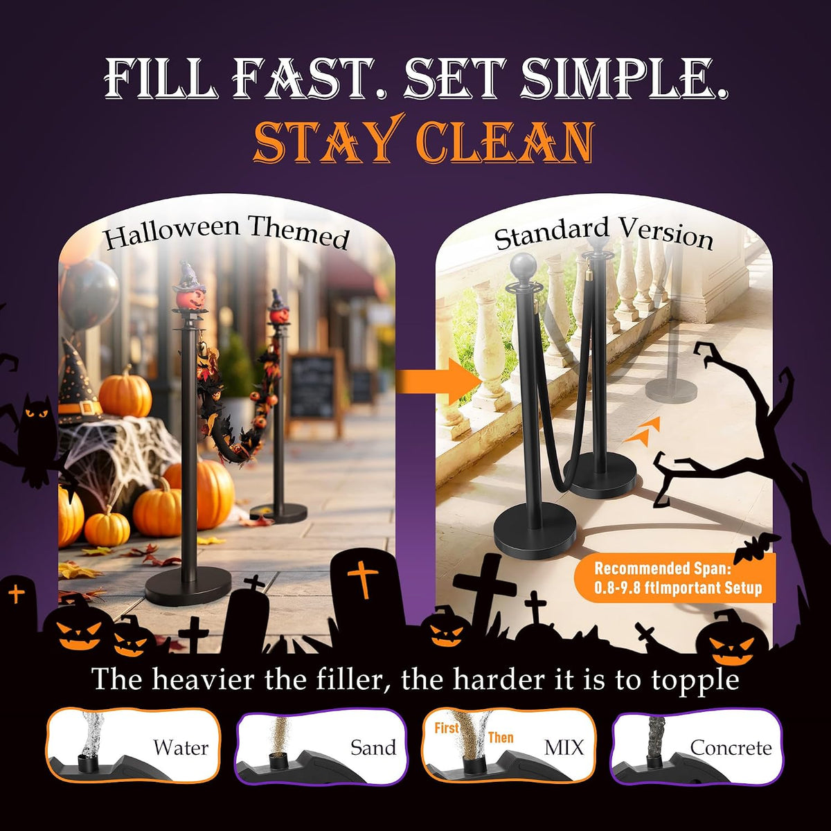 6 Pack Halloween Hat Pumpkin Head Black Stanchions and Velvet Ropes Set, Stainless Steel Crowd Control Barriers, 4Pcs Black Ropes and Poles for Party,Photobooth Accessories, Prom,Halloween Decorations