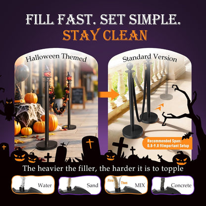 6 Pack Halloween Hat Pumpkin Head Black Stanchions and Velvet Ropes Set, Stainless Steel Crowd Control Barriers, 4Pcs Black Ropes and Poles for Party,Photobooth Accessories, Prom,Halloween Decorations