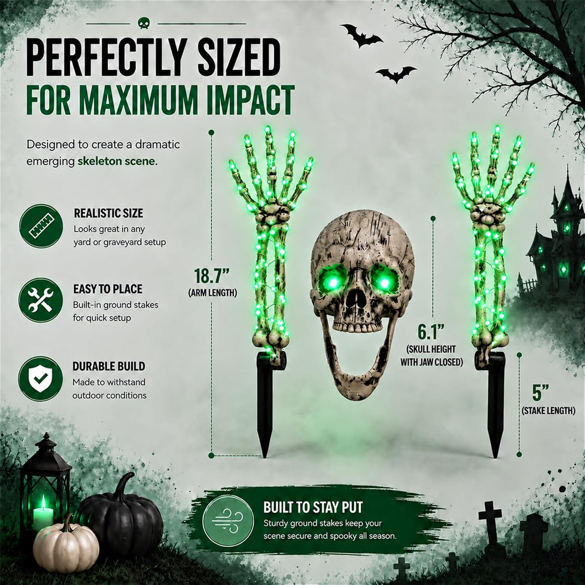 Halloween Skeleton Decorations Outdoor, 3-Piece Green LED Yard Stakes, Skull with Glowing Eyes & 18.7-Inch 8-Mode Lighted Arms, Battery-Powered for Lawn, Garden, Graveyard and Haunted House Scene