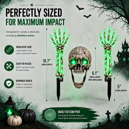 Halloween Skeleton Decorations Outdoor, 3-Piece Green LED Yard Stakes, Skull with Glowing Eyes & 18.7-Inch 8-Mode Lighted Arms, Battery-Powered for Lawn, Garden, Graveyard and Haunted House Scene
