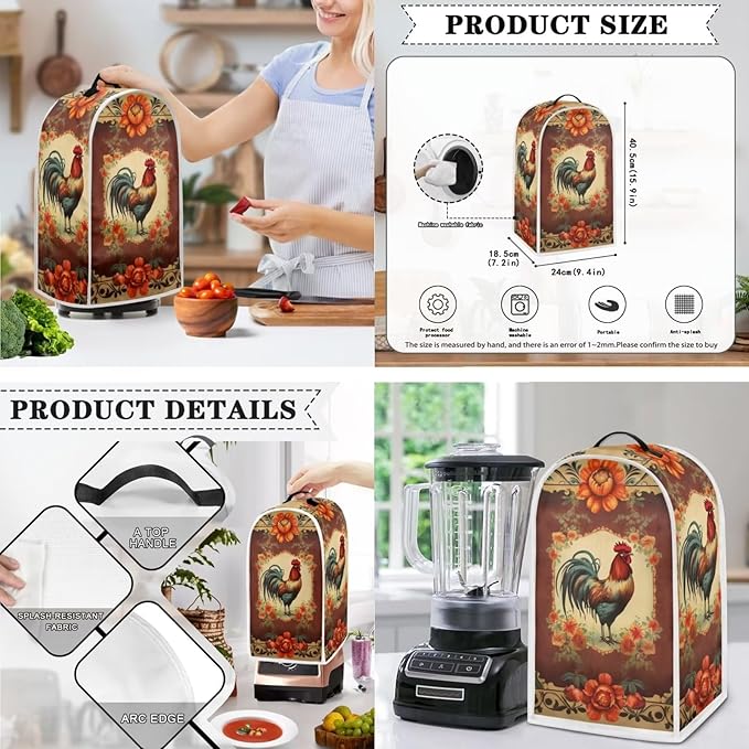 Vintage Chicken Rooster Flower Pattern Appliance Covers Set Washable Kitchen - Image 3