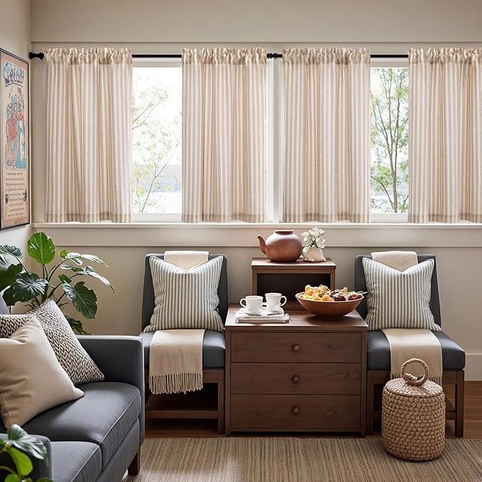 jinchan Striped Linen Kitchen Curtains 36 Inches Length Tier Curtains Farmhouse - Image 3