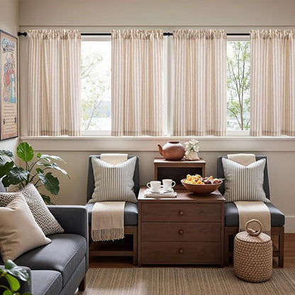 jinchan Striped Linen Kitchen Curtains 36 Inches Length Tier Curtains Farmhouse - Image 3