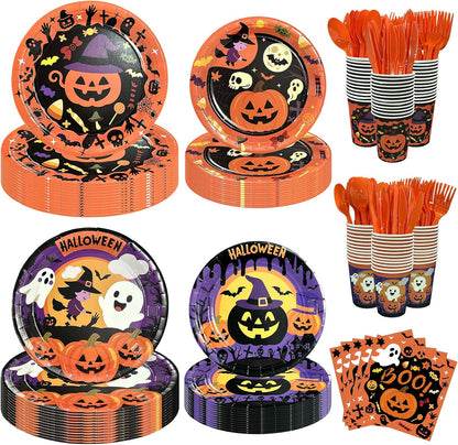 UJoyant 350 PCS Halloween Plates and Napkins Sets, Halloween Party Supplies Includes Disposable Plates Dessert Plates Napkins Cups Plastic Knives Forks Spoons Disposable Dinnerware Set (50 Guest)