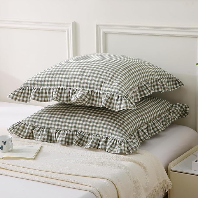 Aryeleay 2 Pack Sage Green White and Brown Plaid Gingham Ruffle Pillow Shams - Image 2