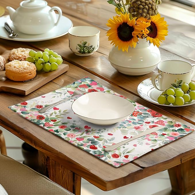 Valentines Eucalyptus Leave Placemats Set of 4, 12x18 Inch Valentine Heart Rose - Image 3