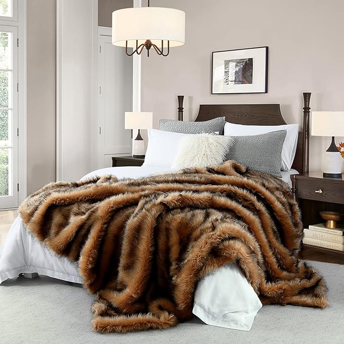 Luxury Plush Faux Fur Blanket King Size, Long Pile Brown by HORIMOTEHOME