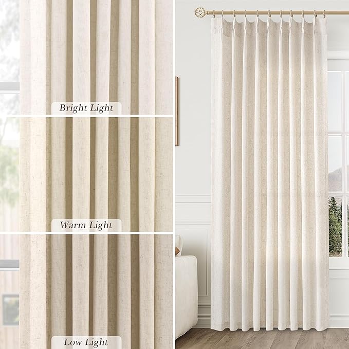 Natural Pinch Pleat Linen Curtains 108 Inch Length 2 Panels Set - Image 4