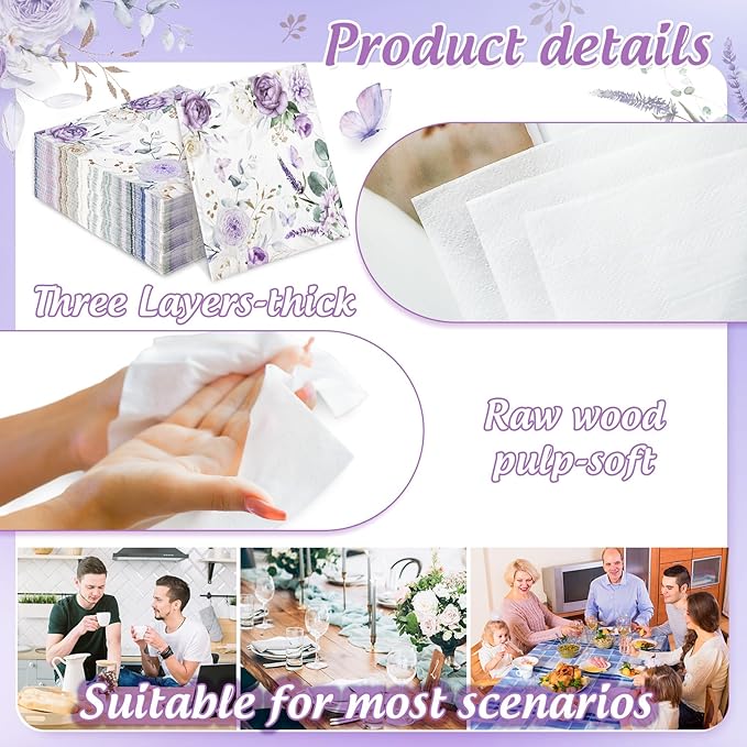 Generic 100Pcs Purple Flower Butterfly Paper Napkins Watercolor Lavender Floral - Image 3