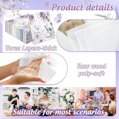 Generic 100Pcs Purple Flower Butterfly Paper Napkins Watercolor Lavender Floral - Image 3