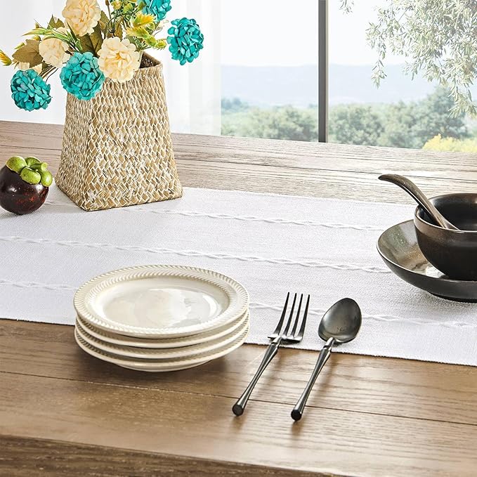 ZeeMart Farmhouse Braided Striped Table Runner, Rustic Ivory Table Runners 90 - Image 5