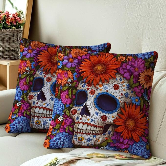 Day of The Dead Skull Throw Pillow Covers 18x18 Set of 2 | Sugar Skull - Image 3