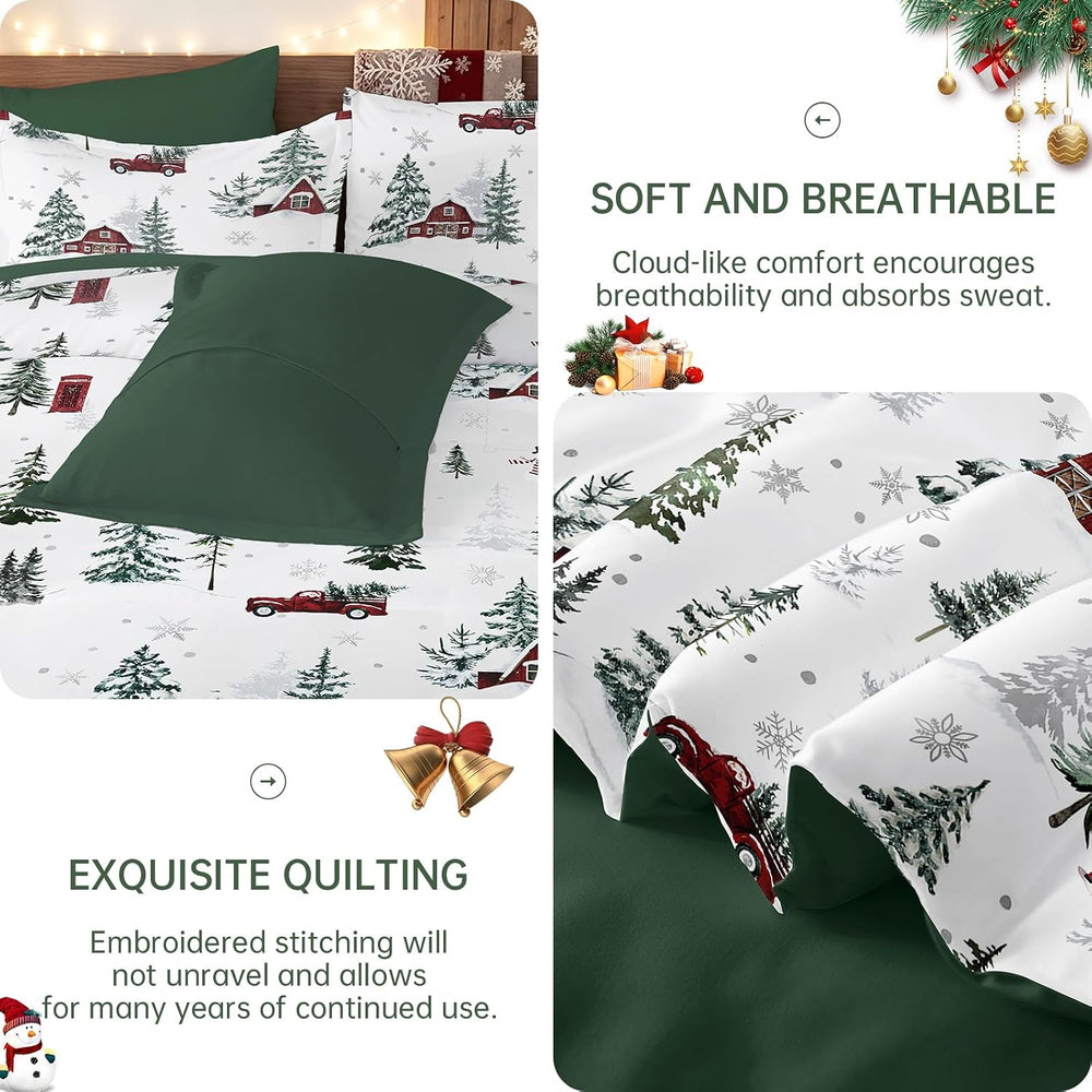 Green Christmas King Size Comforter Set, Christmas Tree Cabin Bedding