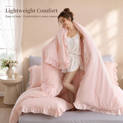 janzaa blush pink comforter set full, ruffle soft, front angle view